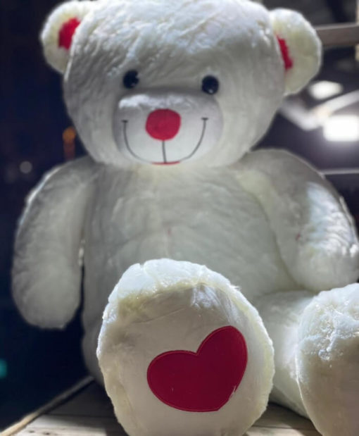 דובי ענק ליום האהבה עם לבבות ברגליים לבן